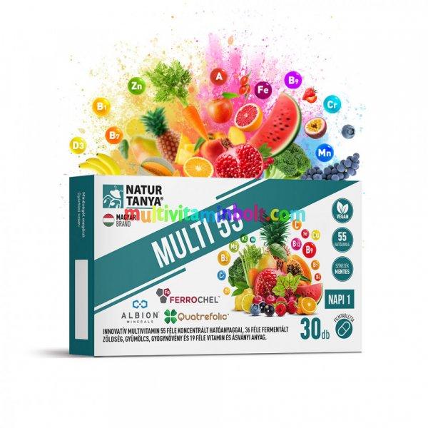 MULTI 55 – Fermentált multivitamin 30 db kapszula, 55 féle koncentrált
hatóanyag, 36 fermentált zöldség, gyümölcs, gyógynövény és 19 vitamin,
ásványi anyag - Natur Tanya