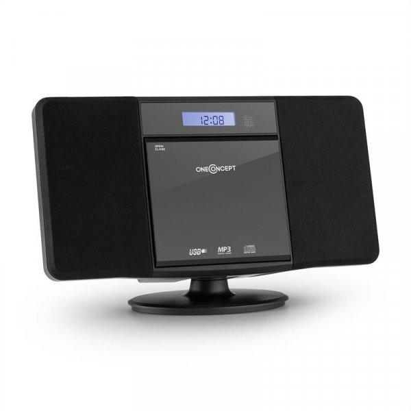 OneConcept V-13, fekete sztereó rendszer CD MP3 USB rádióval és
ébresztőórával, falra szerelhető