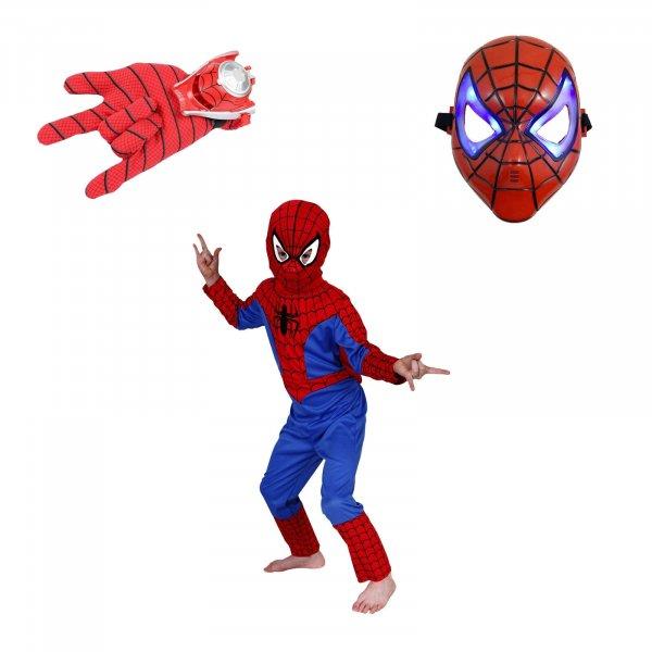 Set Pókember gyerek jelmez, S méret, piros, 100-110 cm, kesztyű és maszk