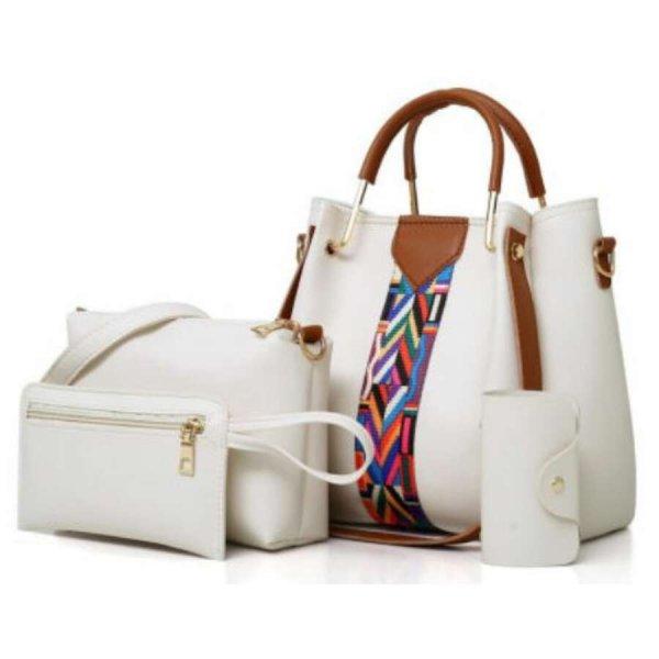 Női táska szett kézi táska színes sávdísszel, neszeszer, kulcstartó,
fehér aa-001253