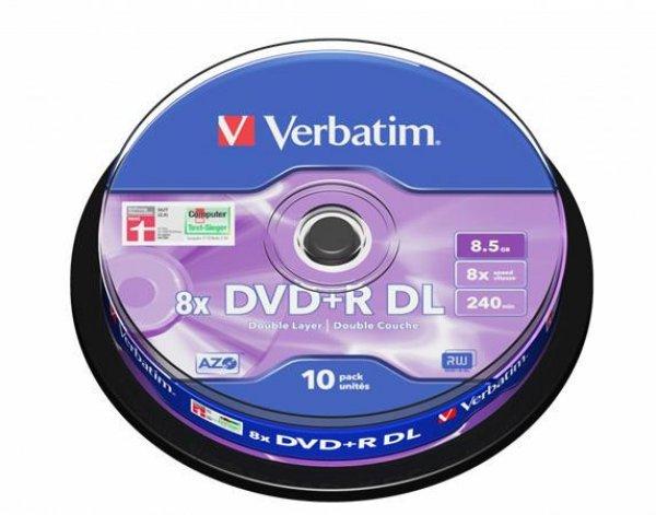 DVD+R lemez, kétrétegű, 8,5GB, 8x, 10 db, hengeren, VERBATIM "Double
Layer"
