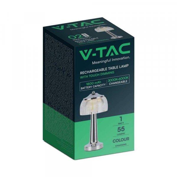V-TAC 1W króm színű asztali akkumulátoros LED lámpa akril búrával, CCT -
SKU 7939