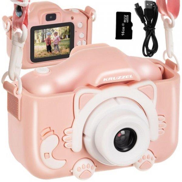 Digitális gyerek fényképezőgép cicás tokkal, levehető pánttal és 5
játékkal -16 GB micro SD, rózsaszín (BB-16951)
