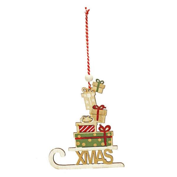 Karácsonyi dekoráció (fehér szánkó ajándékokkal és Xmas felirattal)