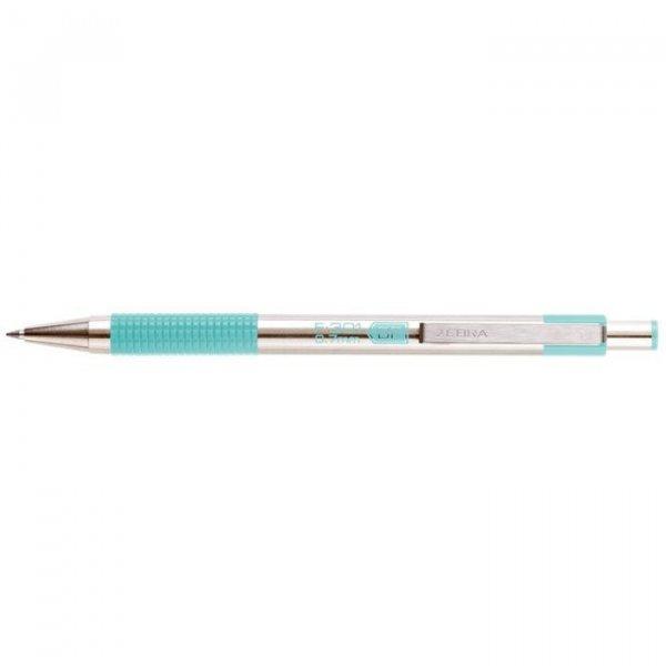 Golyóstoll, 0,24 mm, nyomógombos, rozsdamentes acél, pasztellzöld tolltest,
ZEBRA "F-301", kék