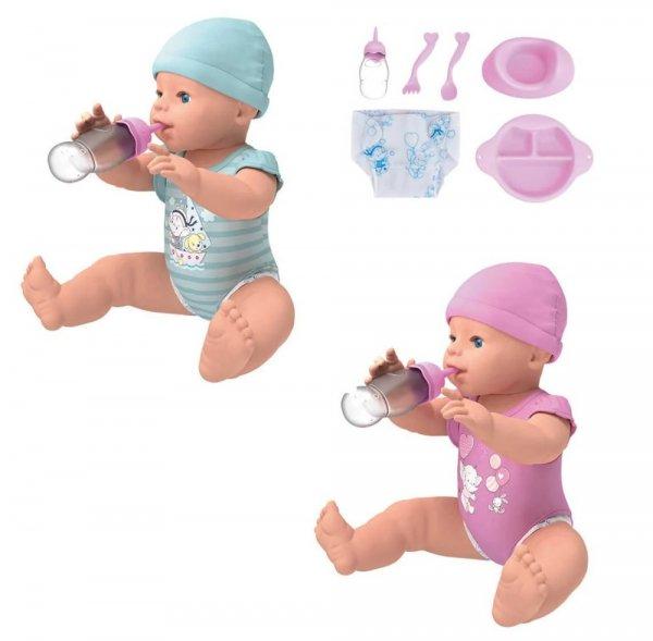 TONI 40 cm élethű játék baba lecsukható szemekkel, alvó, ivó és
nedvesítő funkcióval, ruhával, bilivel, etető- itató 9 részes szettel