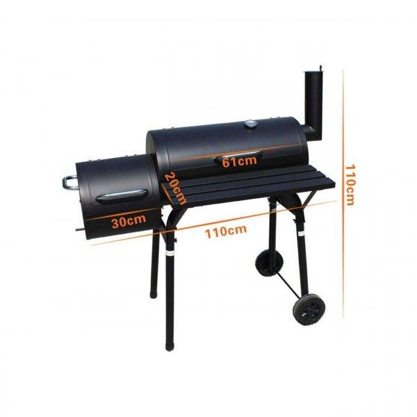Kerti grill, téglalap alakú grill, kerekekkel, fedéllel, füstölővel és
kéményes, 112x63x117 cm