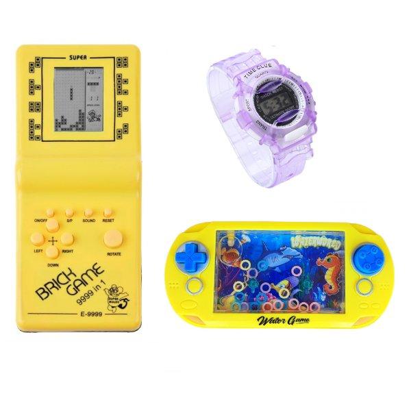3 db-os retro játék szett tetrisszel, vízi karikás
türelemjátékkal és gyermek karórával (BBJ)