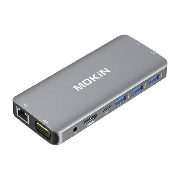 MOKiN 10 az 1-ben Adapter Hub USB-C - 3x USB 3.0 + USB-C töltés + HDMI + 3,5
mm-es audio + VGA + 2x RJ45 + Micro SD olvasó (ezüst)