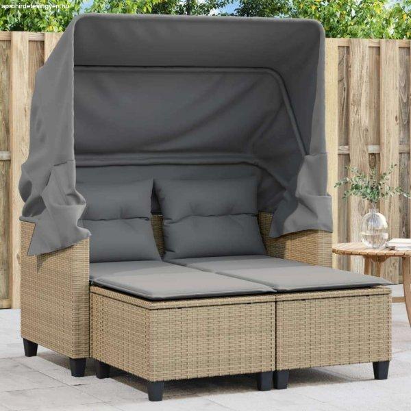 vidaXL 2 személyes bézs polyrattan kerti kanapé baldachinnal/székkel