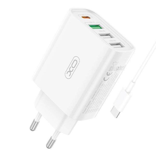 XO L120 hálózati töltő 1xUSB-C, 20W, 1x USB-1, 18W USB-C kábellel (fehér)