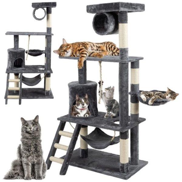 Óriás macska mászóka és kaparófa
játékokkal, kuckókkal, hintával és létrával -
141 cm, szürke (BB-21713)