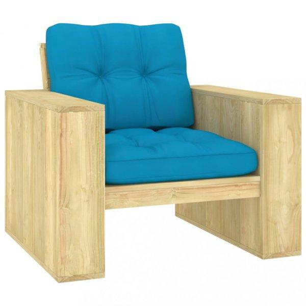 Impregnált fenyőfa kerti szék kék párnákkal
