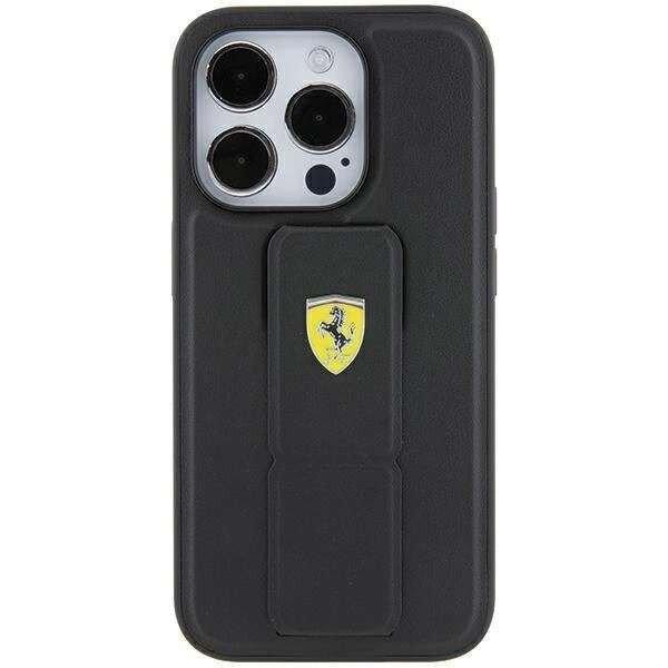 Ferrari Grip Stand fém logós tok iPhone 15 - fekete