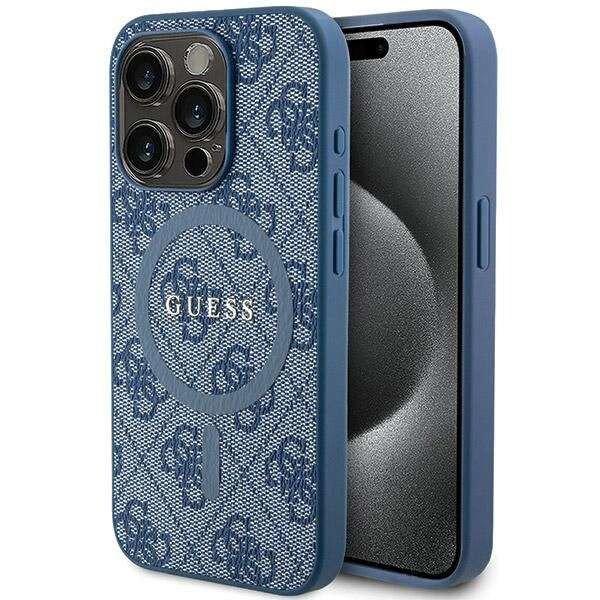 Guess 4G Collection bőr fém logós MagSafe tok iPhone 15 Pro - Kék