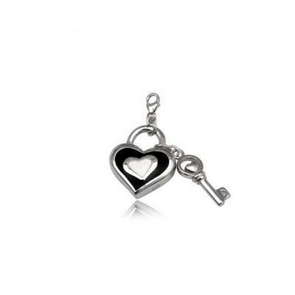 Ezüst charm - szív alakú lakat kulccsal