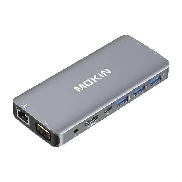 MOKiN 10 az 1-ben adapter Hub USB-C 3x USB 3.0 + USB-C töltés + HDMI + 3.5mm
audio + VGA + 2x RJ45 + Micro SD olvasó (ezüst)