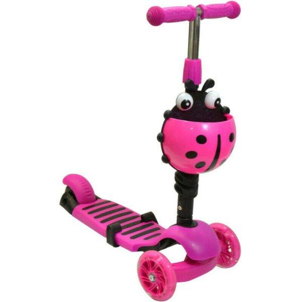 Gyerek roller 5 az 1-ben, LED kerekekkel, katicabogár kosárral, pink
