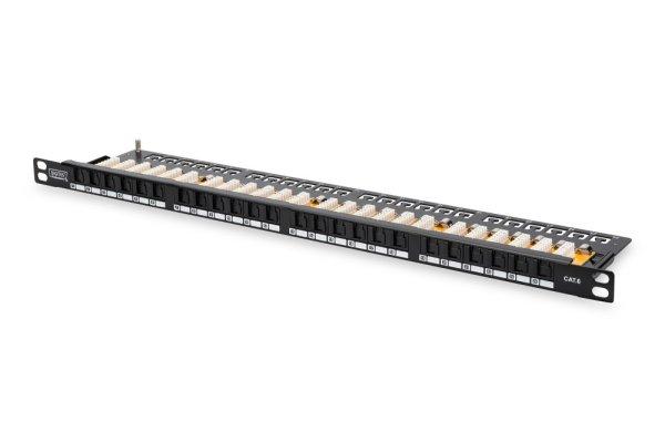 DIGITUS Patch Panel 19inch 24Port Cat6 unshielded 0.5U grey RAL7035 cable
installation about LSA with dust protection