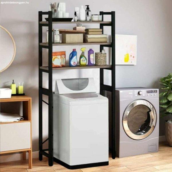 3 szintes, fém fürdőszobai polc felültöltős mosógép fölé fa polcokkal,
fekete - 182 cm