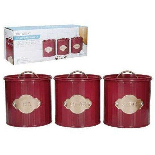 Tea/Kávé/Cukortartó fémdobozszett, fémtetővel,11x11,5cm, 1L, Burgundi