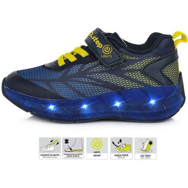D.D.Step Kék-sárga LED fényű kisfiú sportcipő  (Méret 32)