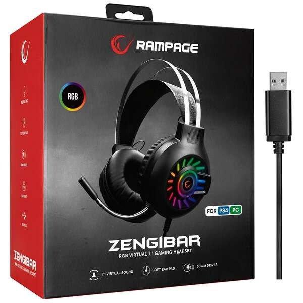 Rampage Fejhallgató, RM-K44 ZENGIBAR (mikrofon, 7.1 hangzás, USB,
hangerőszabályzó, 2,2m kábel, RGB, fekete)