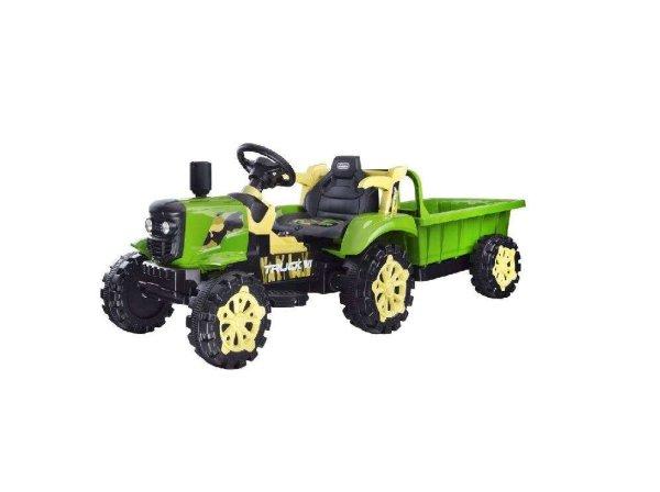 Zöld traktor pótkocsival - elektromos jármű gyerekeknek