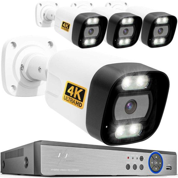 Teljes 4K DVR készlet 4 kültéri megfigyelő kamerával AI arcfelismeréssel,
EJ termékek, PK-8HB718 modell, színes látás éjjel akár 30m kívül,
felbontás 2160P, mobil hozzáférés, éjszaka/nappal
