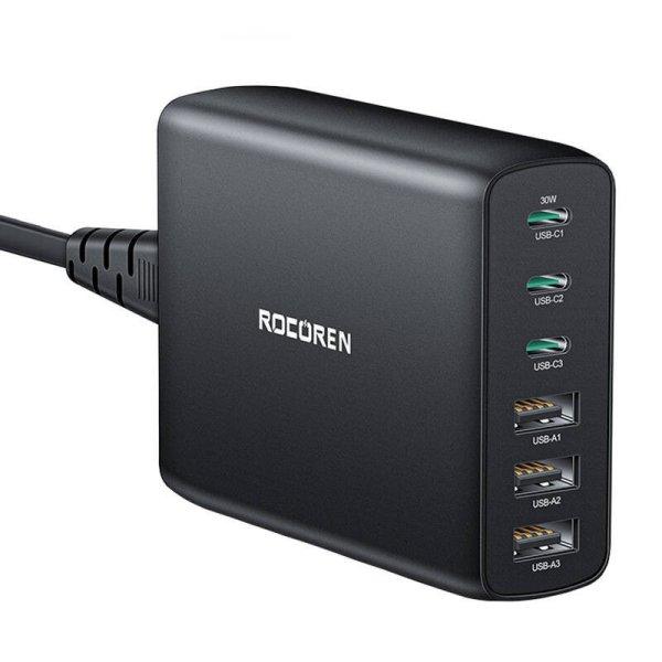 Fali töltő GaN Rocoren 3x USB-C, 3x USB, 100W (fekete)