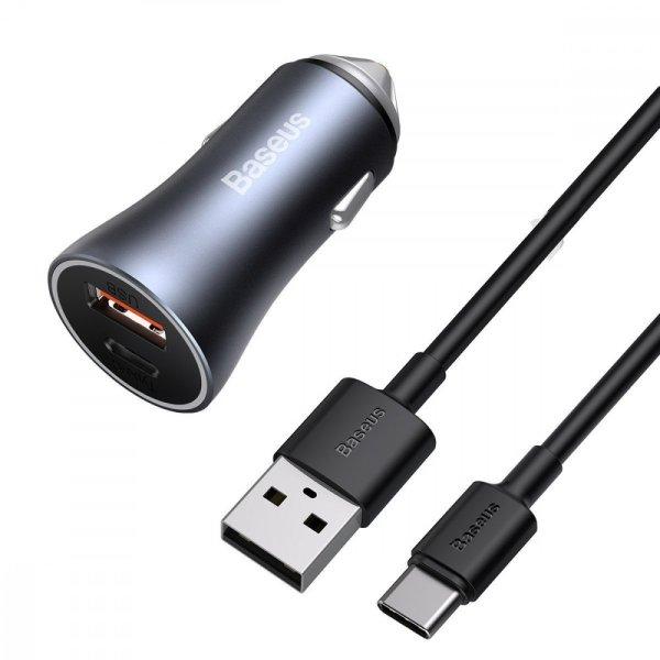 Baseus Golden Contactor Pro autós töltő, USB + USB-C, QC4.0 +, PD, SCP, 40 W
(szürke) + USB-USB-C kábel 1 m (fekete)