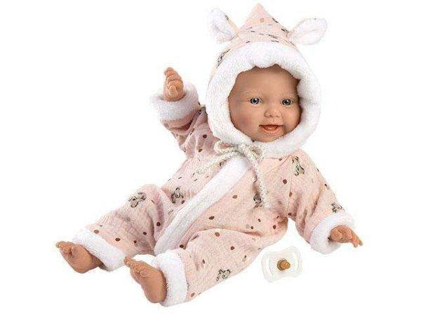 Llorens: Lány csecsemő 31cm-es baba rózsaszín kapucnis ruhában